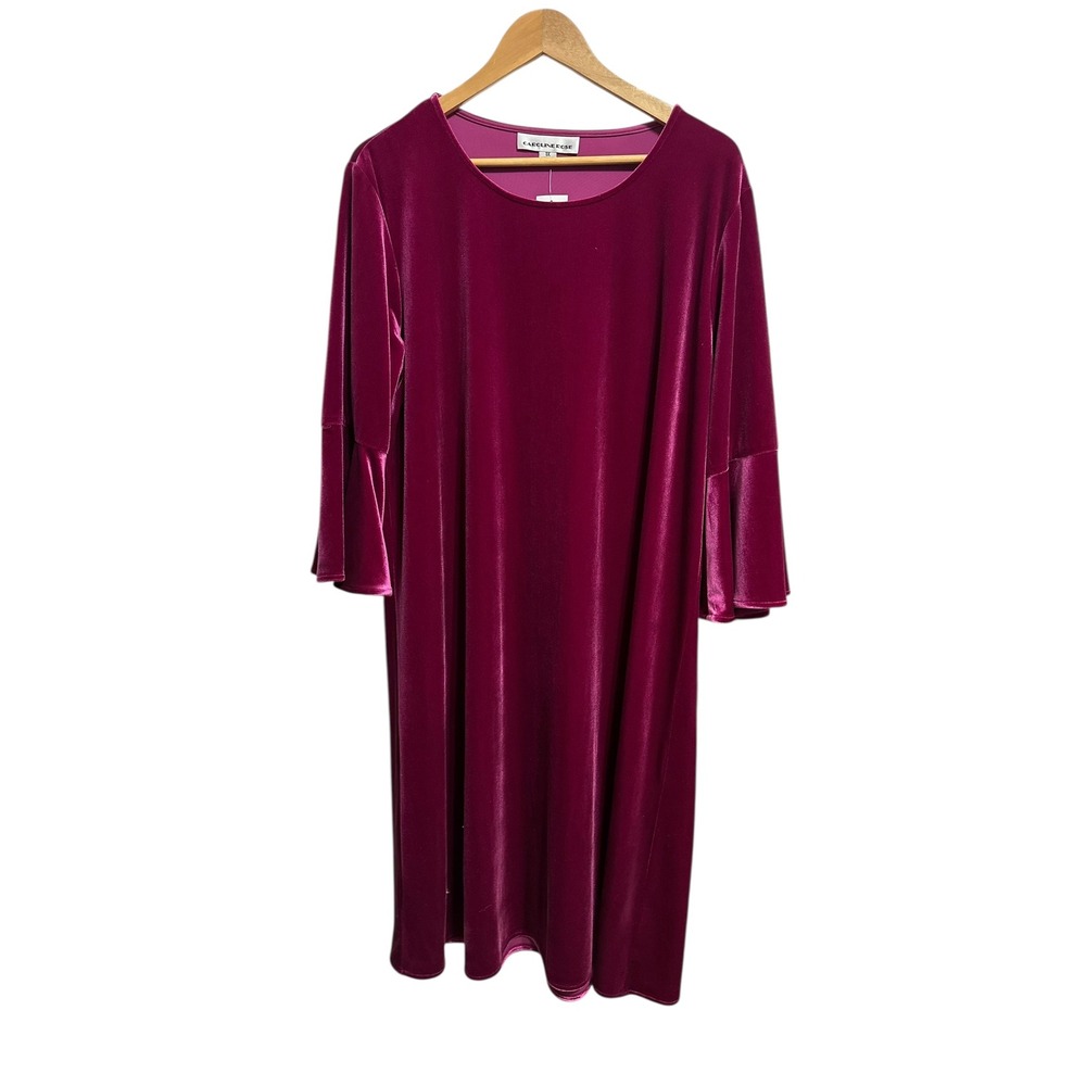 Caroline Rose Bella Velvet Bell Sleeve Dress‎ Womens 1X Magenta $285 NEW